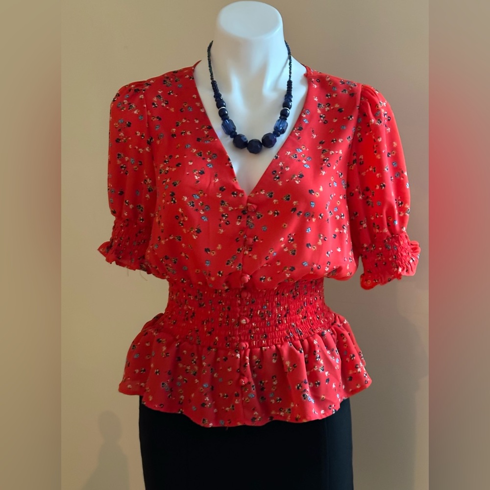 Sienna Sky Red Beautiful Blouse Elastic Sleeves & Waist Fabric Buttons S…